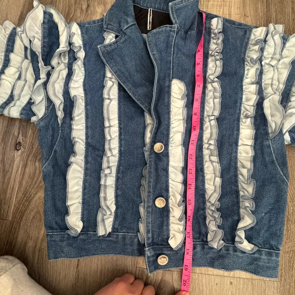 Cropped Ruffle Sleeve Denim Jacket Made Italy Parisian Couture Chic 36 - Picture 5 of 13